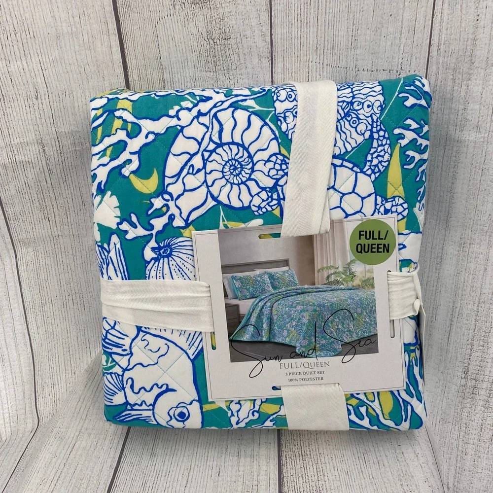 Sun and Sea Quilt Set Full Queen Teal Blue Coastal Marine Life Beach Tropical